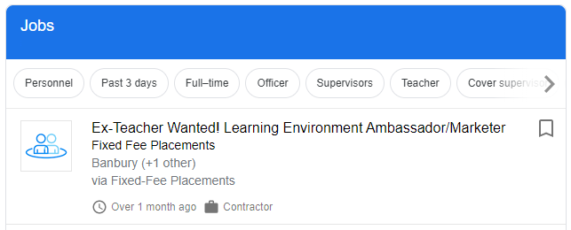 Screenshot of Google search for "Ex-teacher jobs"