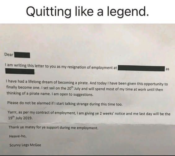Screenshot of pirate resignation letter